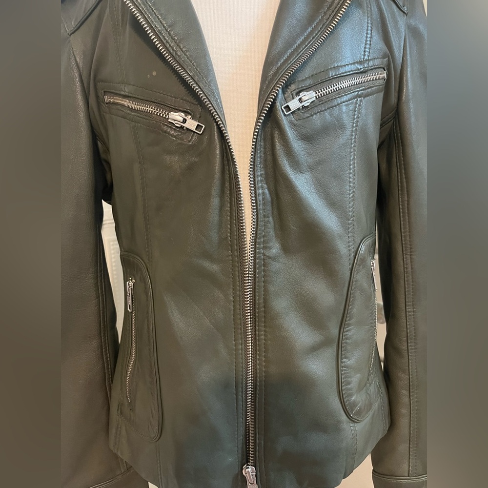 Vintage Forest Green Genuine Leather Moto Jacket Carrie Horton Size 14 - Picture 6 of 15